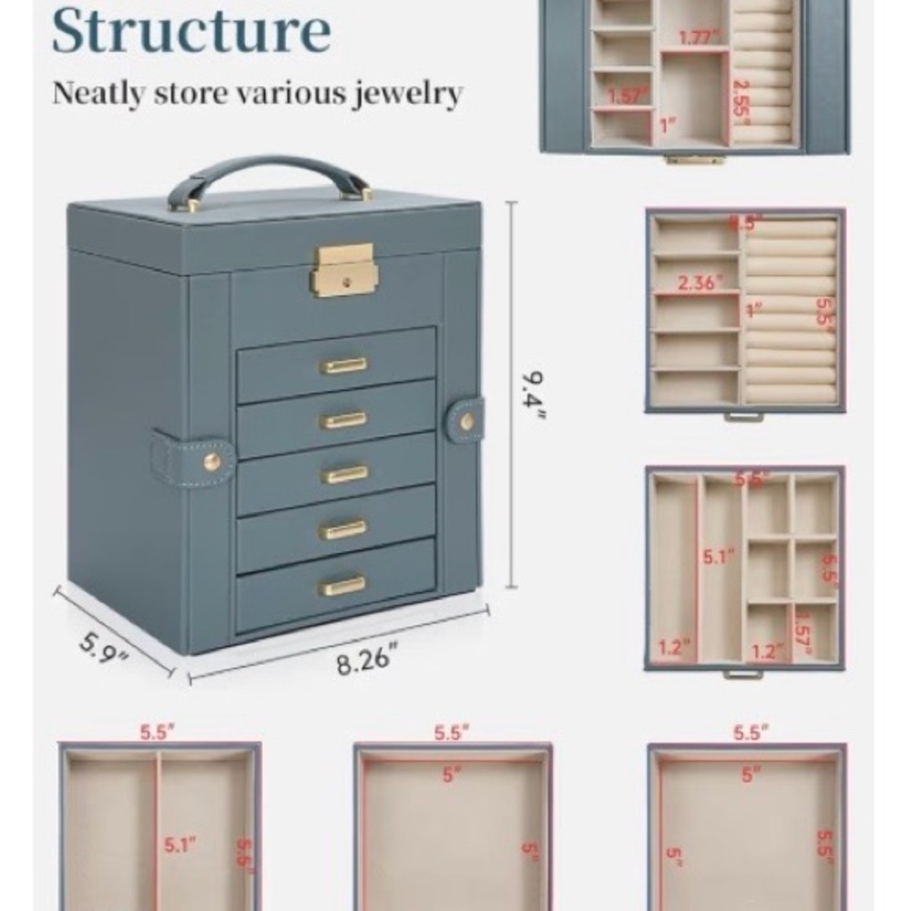 Blue Jewelry Storage Box with Drawers and Handle